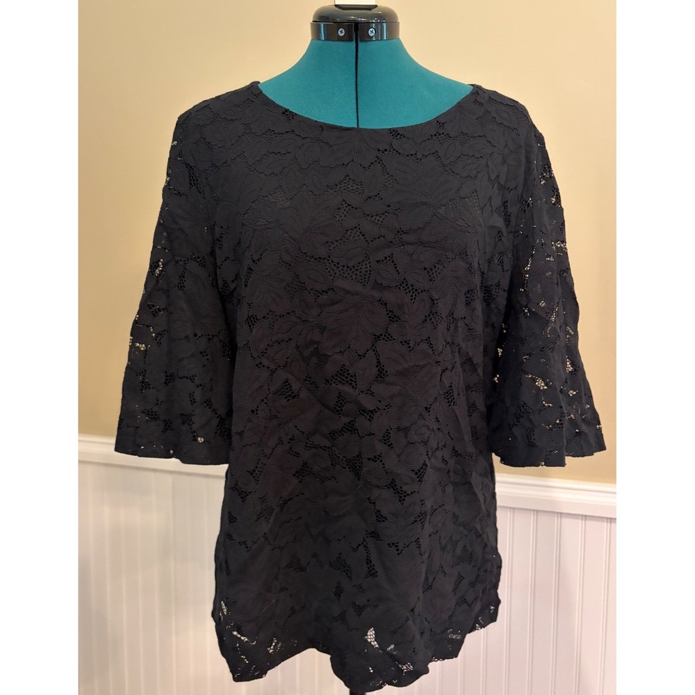 Banana Republic Black Floral Lace Blouse Top Womens Large 3/4 Sleeve Scalloped